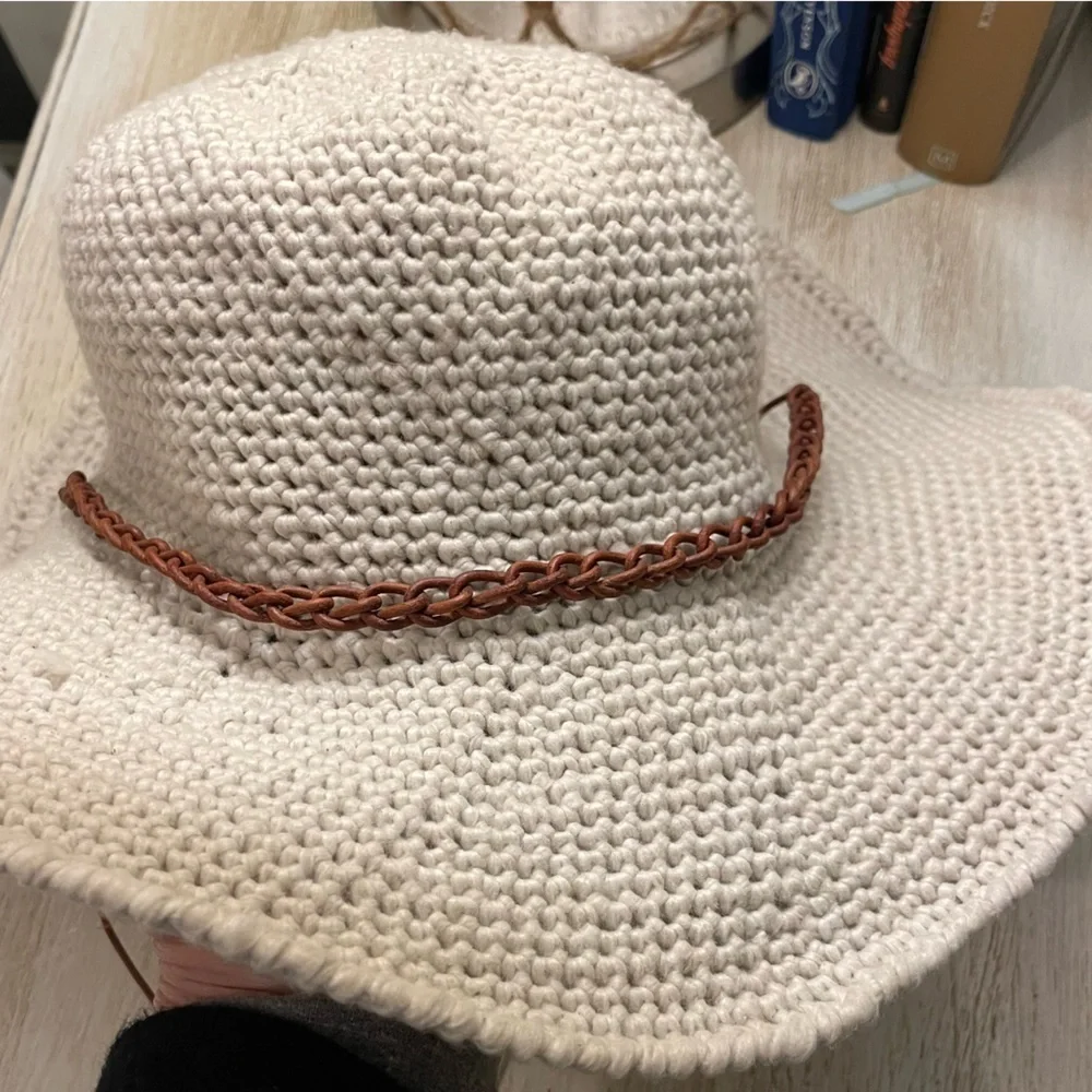 Crocheted Rancher Ivory Hat with Leather Braid Tassel
